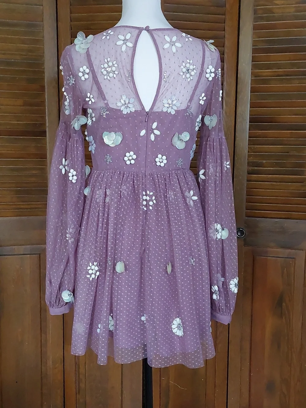 Asos Purple Floral Cluster Embellished Balloon Sleeve Mini Dress Sz 8 - Picture 5 of 15